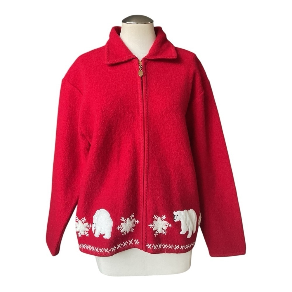 Lisa International Red Boiled Wool Jacket Polar Bear Snowflake M